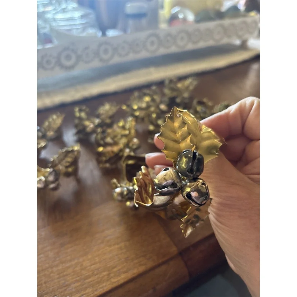 Vintage Christmas Gold Metal Holly Leaf and Bell Berries Napkin Rings Lot Of 12